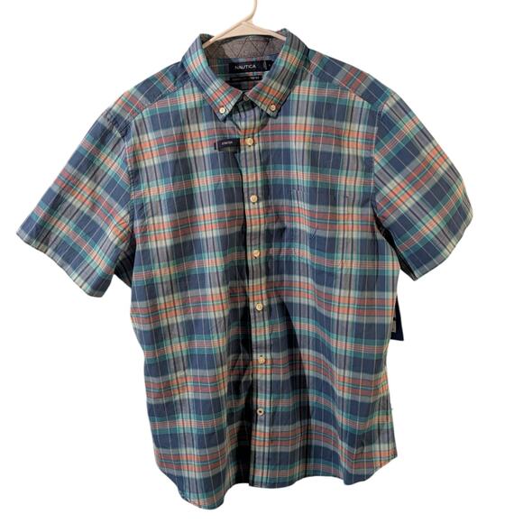 Nautica Men’s Classic Fit Plaid Short Sleeve Button Down Shirt Large Blue Green - Picture 1 of 8